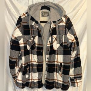 Natural Reflections Gray Black White Plaid Hooded Flannel Jacket